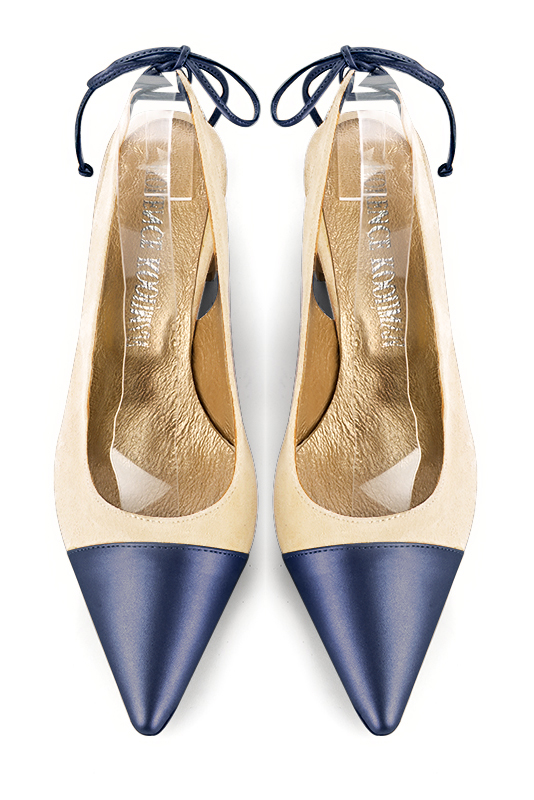 Prussian blue and champagne beige women's slingback shoes. Pointed toe. Medium comma heels. Top view - Florence KOOIJMAN
